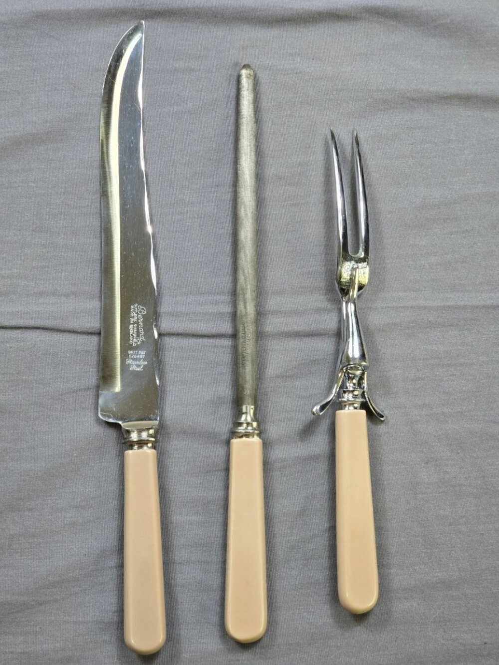 Bernard 101 Sheffield Cutlery Carving Set Knife Fork Sharpener Cream Handles